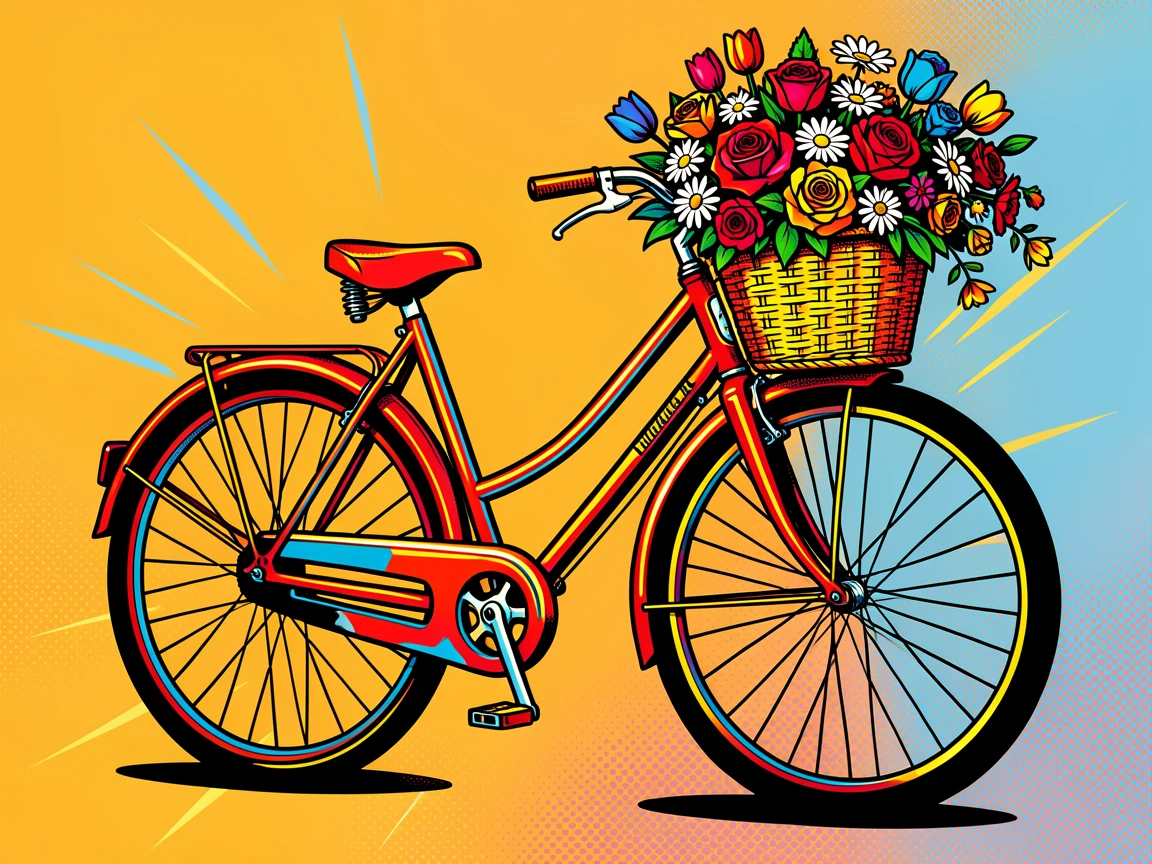 A vintage bicycle with a woven basket full of fresh flowers