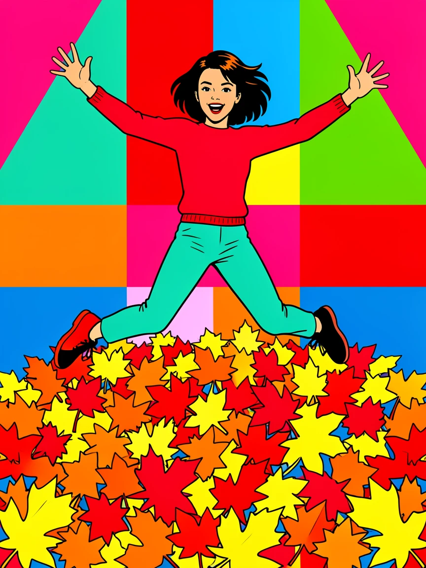 Girl jumping into a pile of autumn leaves