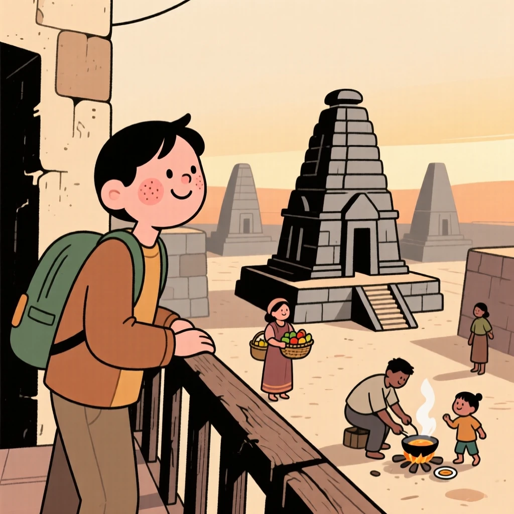 A traveler pauses on a narrow balcony overlooking an ancient temple complex, watching locals going about their morning routines as the soft evening light settles over the scene.