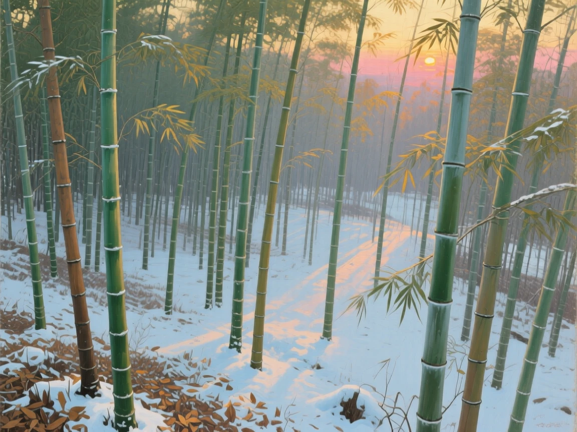 A sweeping aerial perspective of a bamboo forest with tall stalks swaying in a gentle breeze, in the quiet stillness of midwinter, in the last light of sunset.
