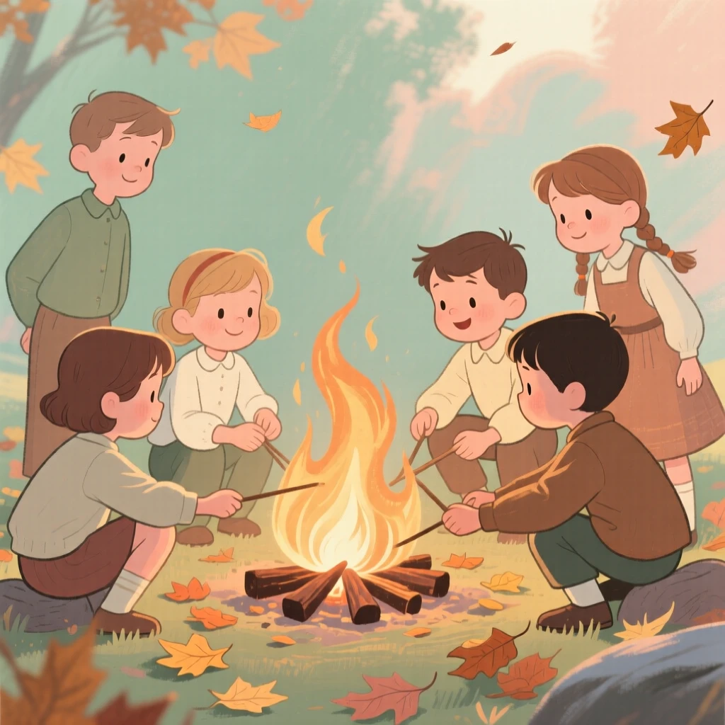 A group of children building a bonfire for a autumn celebration