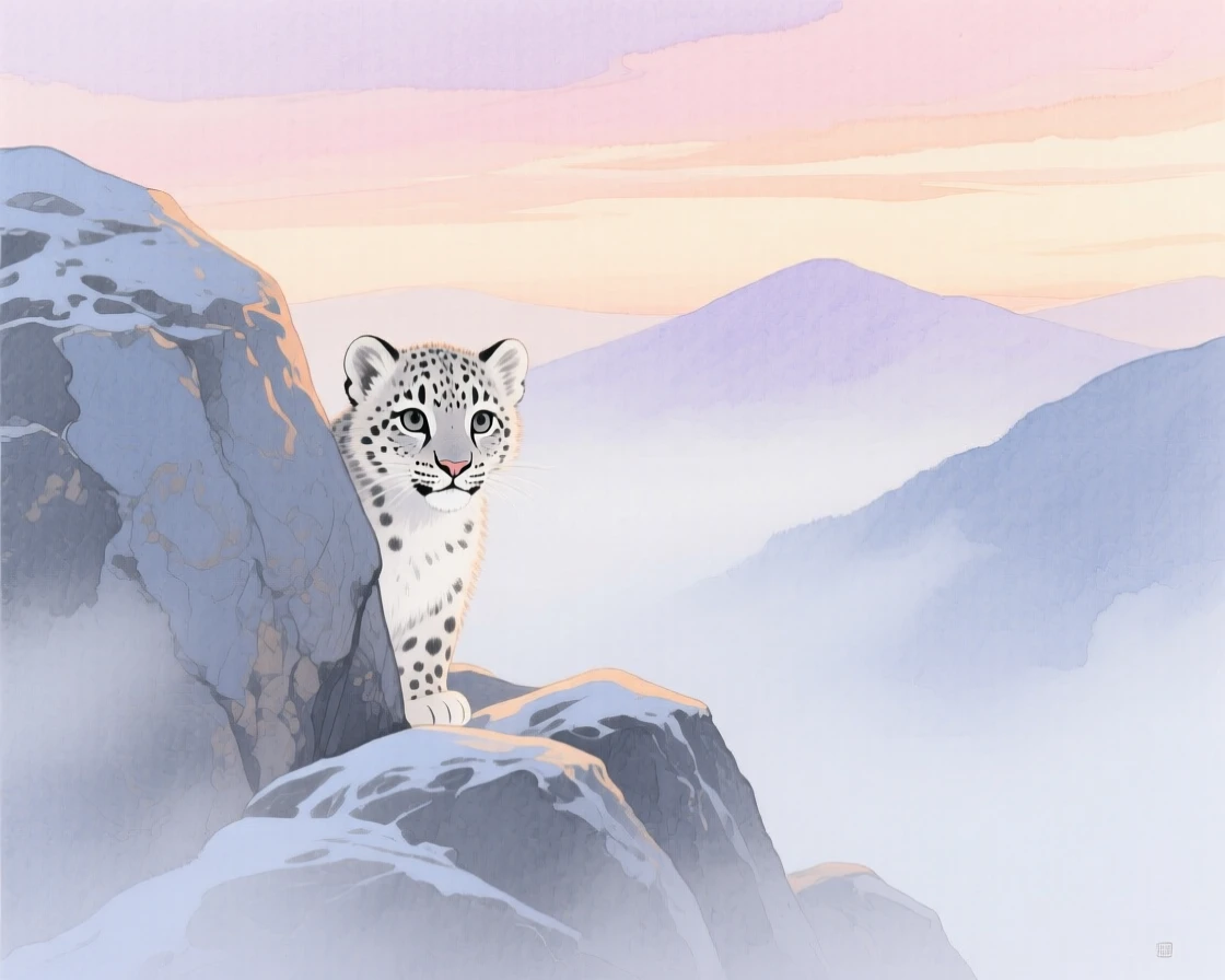 A snow leopard cub peeks from behind a boulder on a misty mountain ridge at dawn