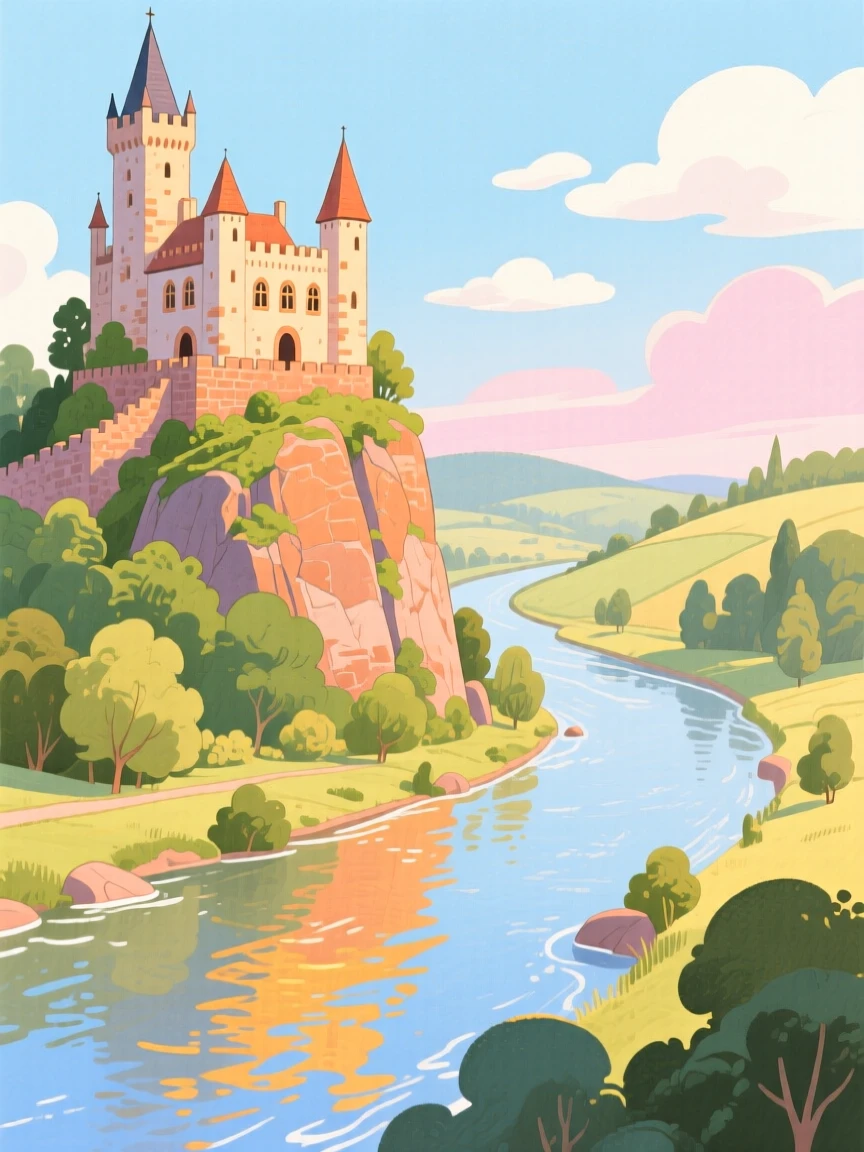 A historic castle perched above a winding river in Germany, glowing in warm afternoon light.