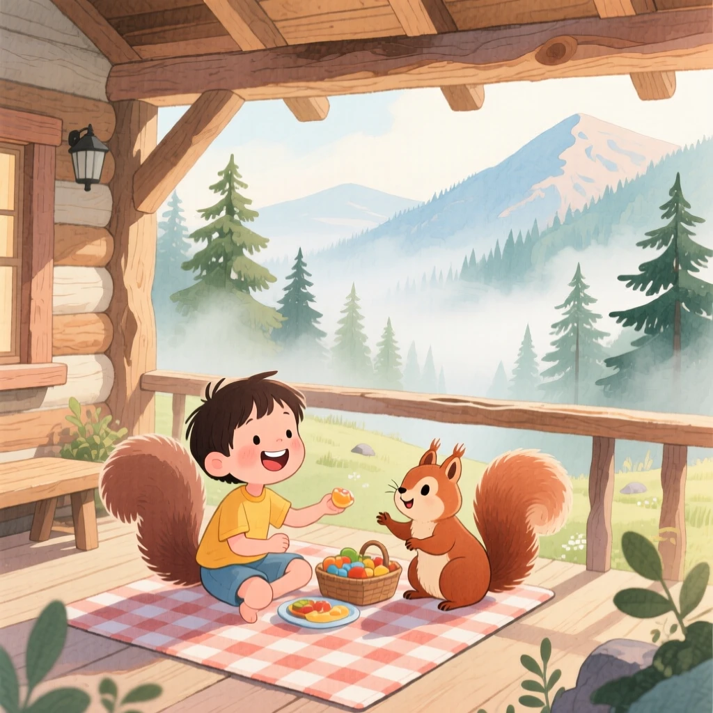 A pair of squirrels sharing a picnic blanket with a child, set in a mountain cabin porch overlooking misty pines, radiating pure innocent joy.