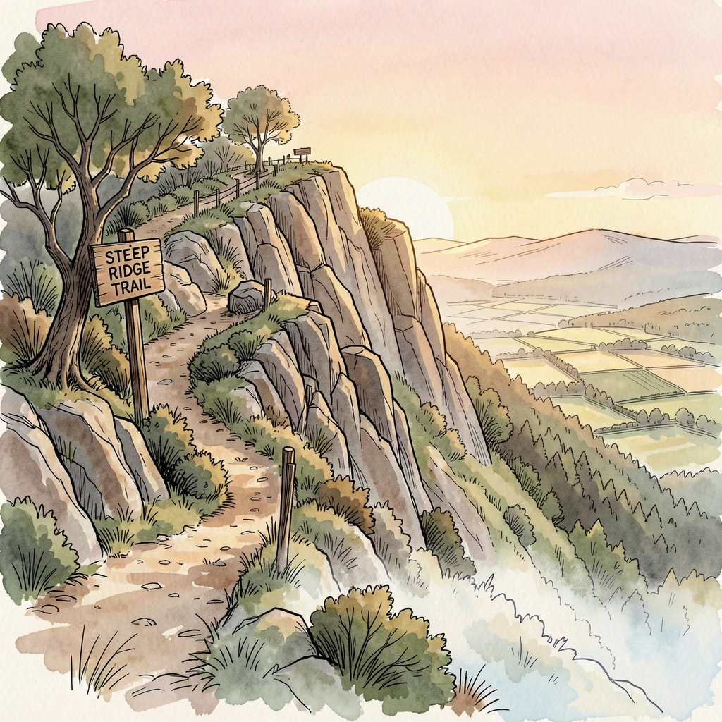 A steep ridge trail overlooking a patchwork valley far below, a soft mist clinging to the low ground as the sun begins to rise.