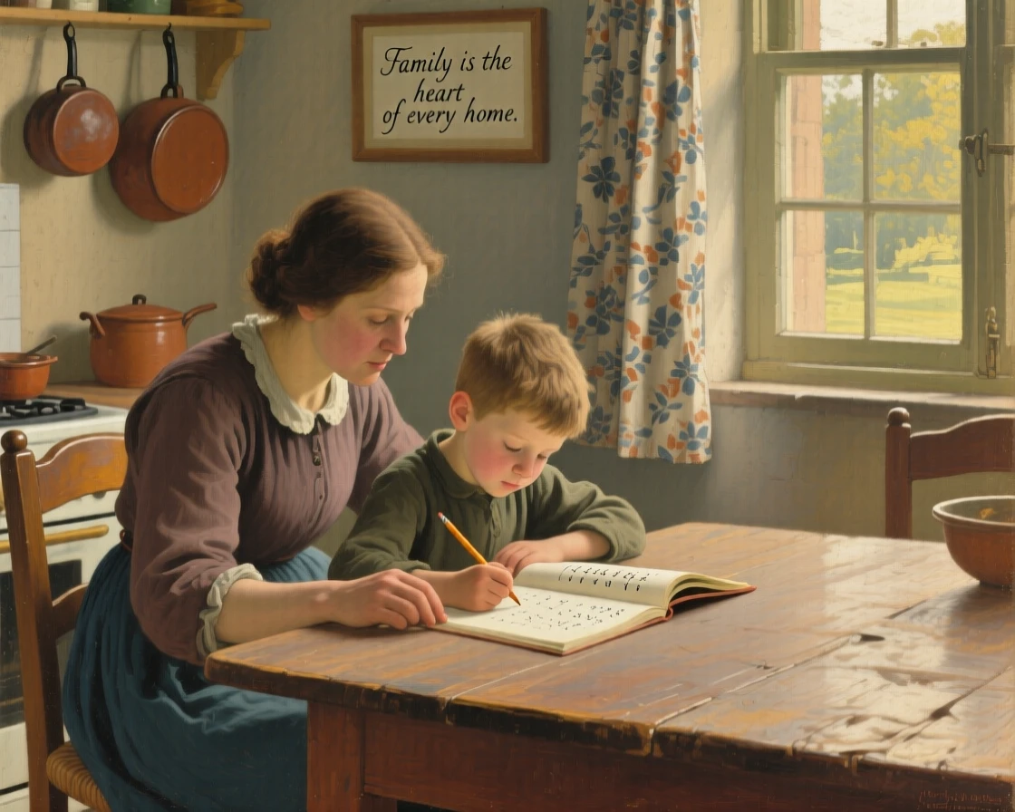 A mother helping her son with homework at the kitchen table, with warm afternoon light streaming through nearby windows, designed to remind viewers of their own cherished family memories