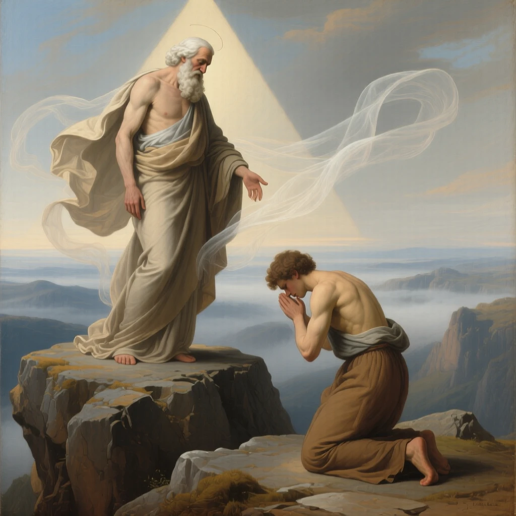 Father Time revealing a hidden truth to a kneeling mortal as unseen forces of fate quietly converge, set atop a rocky promontory overlooking a vast unknown, with drapery caught in a wind that seems to come from another world; a triangular arrangement lends the scene classical stability and gravity, evoking profound meditation on fate, virtue, and the human condition.