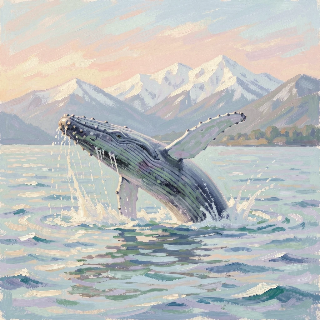 A humpback whale breaching dramatically against a backdrop of distant snow-capped mountains.