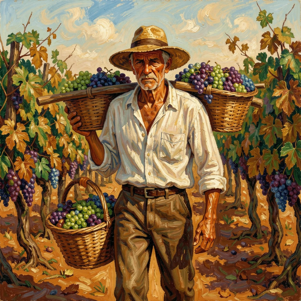 A weathered vineyard worker carrying baskets of grapes at the height of harvest.
