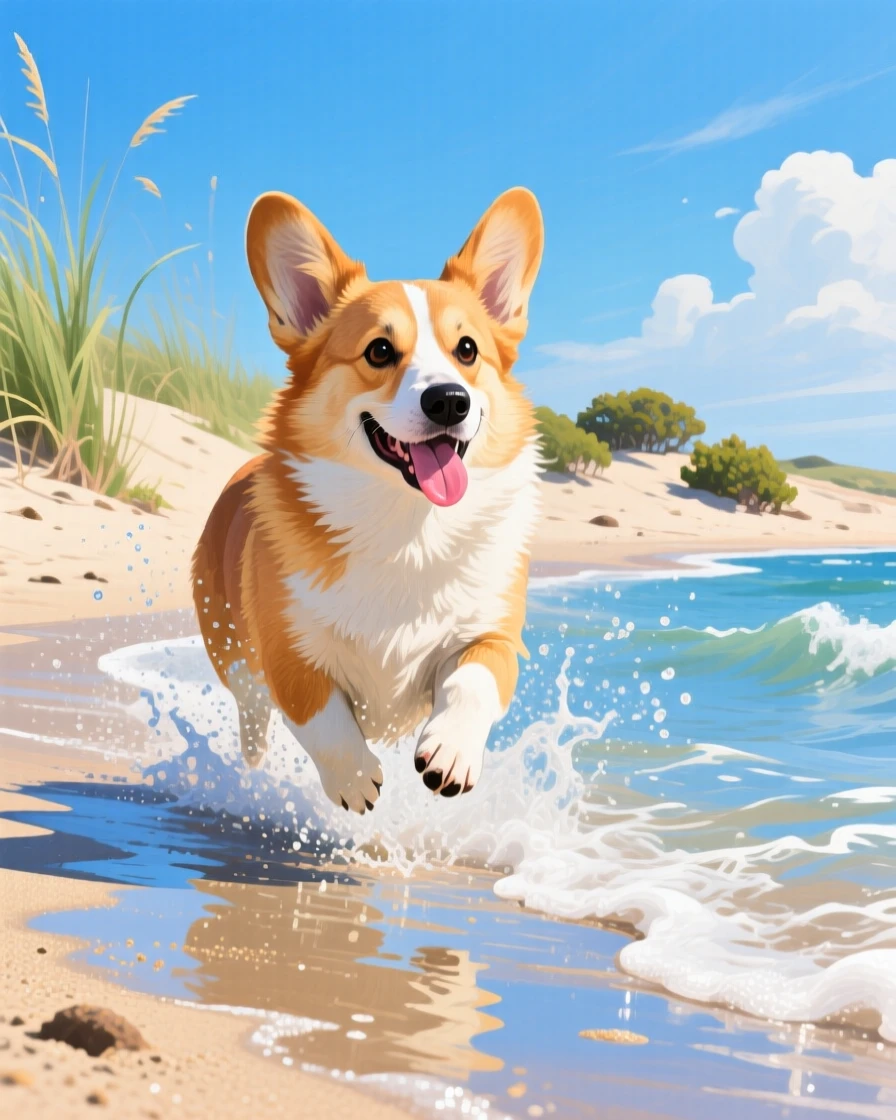 A joyful corgi runs through a shallow beach wave, ears flying and tongue out, sand kicking up behind its short legs under a bright summer sky, nearby vegetation and terrain grounding the animal firmly within its natural environment.