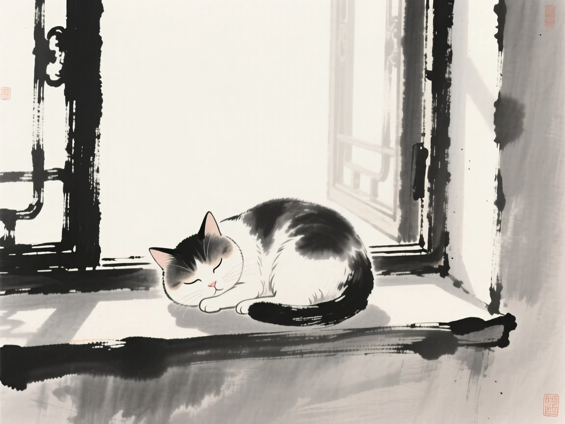 A small cat naps curled on a sunlit windowsill, with morning light falling softly across the scene.