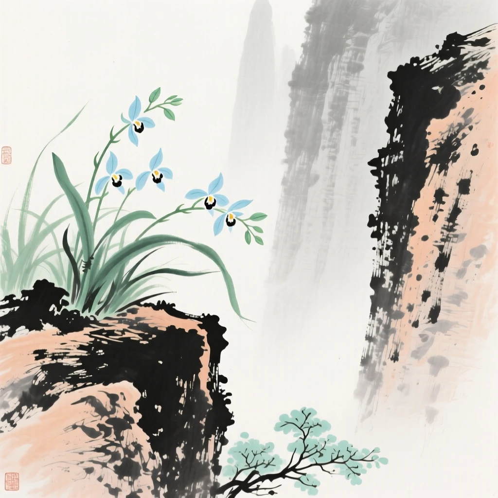 Wild orchids clinging to the face of a misty cliff, as spring blossoms unfold, evoking a sense of quiet solitude.