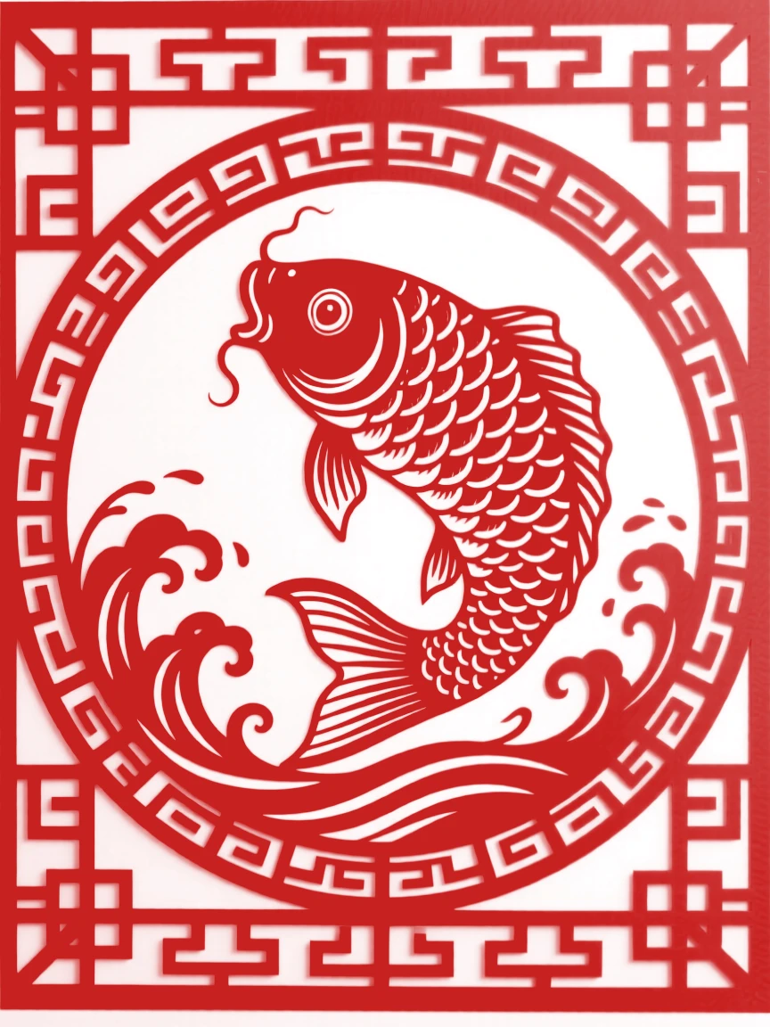 A carp leaping through a ring of water, framed by a symmetrical lattice of key-fret patterns, representing harmony between heaven and earth.