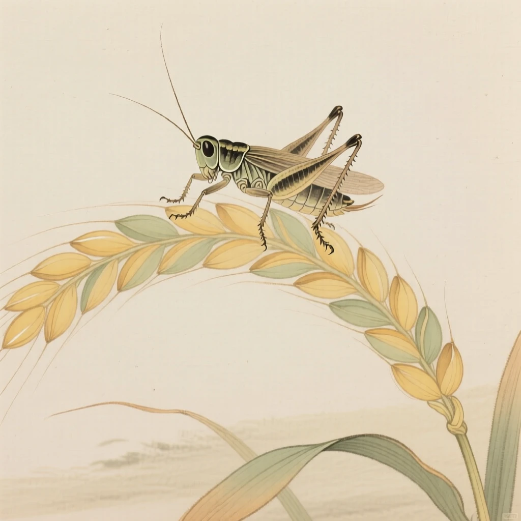 A small cricket perched on a stalk of ripening wheat