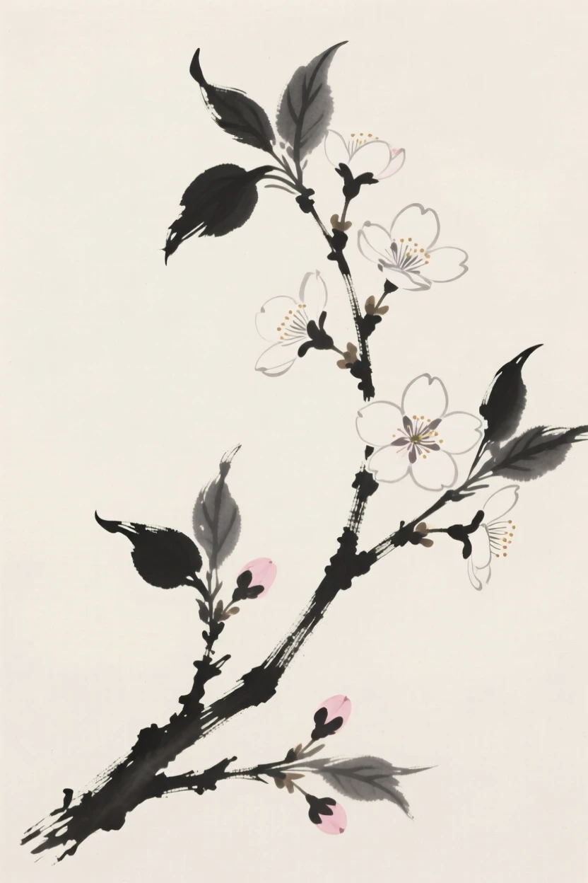 A branch of cherry blossoms against a soft, empty backdrop, framed asymmetrically for quiet visual balance, conveying gentle stillness and natural harmony.