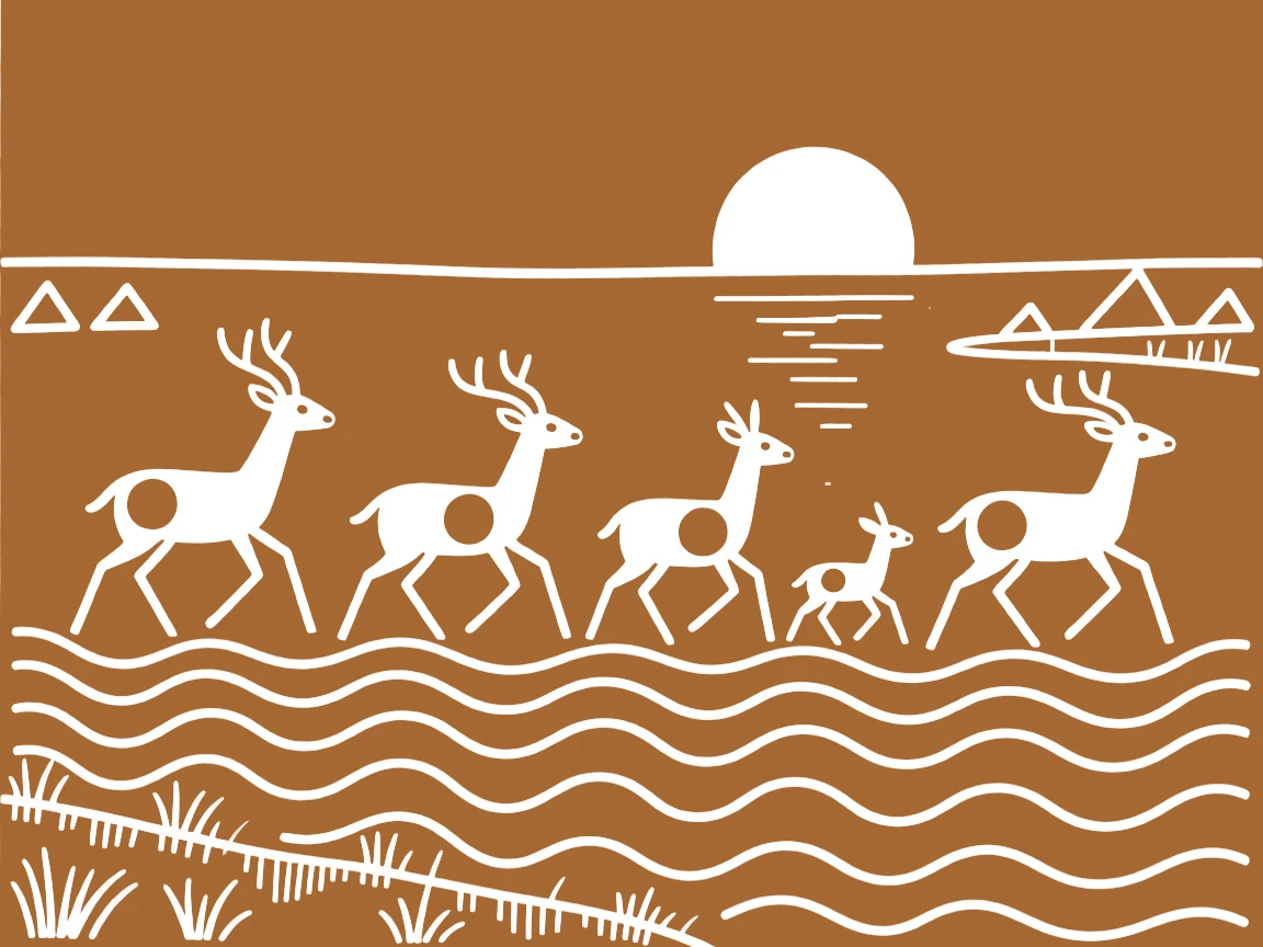 A family of deer crossing a wide river at dawn.