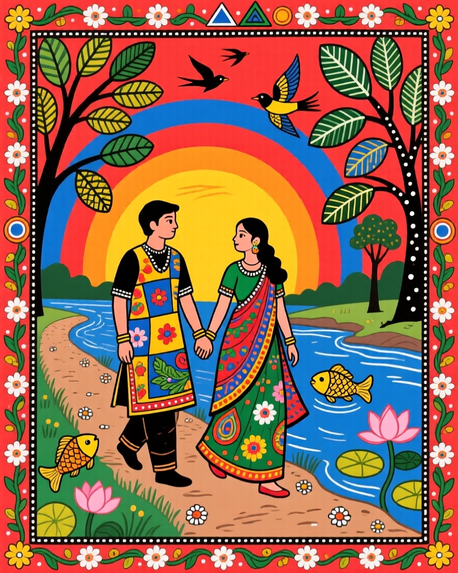 A couple walking hand in hand along a riverside path at sunset.