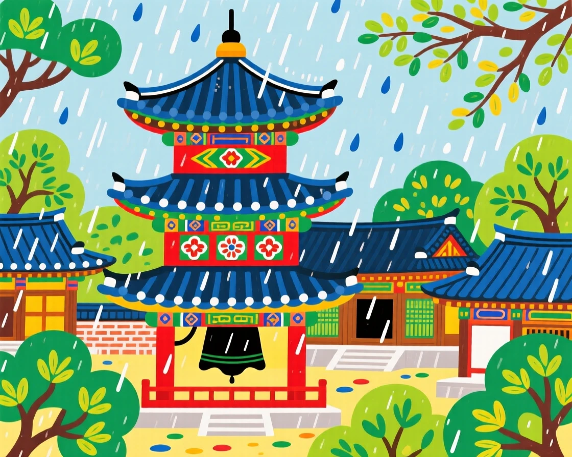 A view of a bell tower rising above a temple complex, during a quiet spring rain.