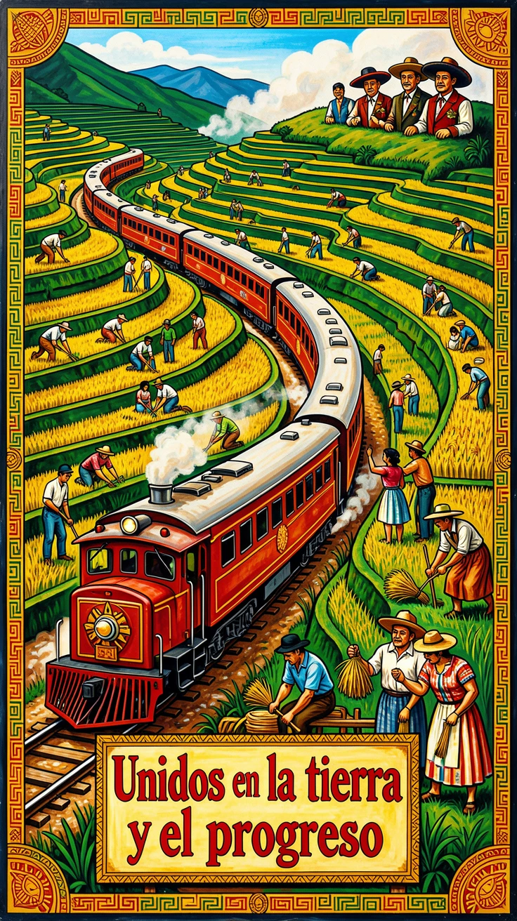 A scenic train winding through terraced rice fields