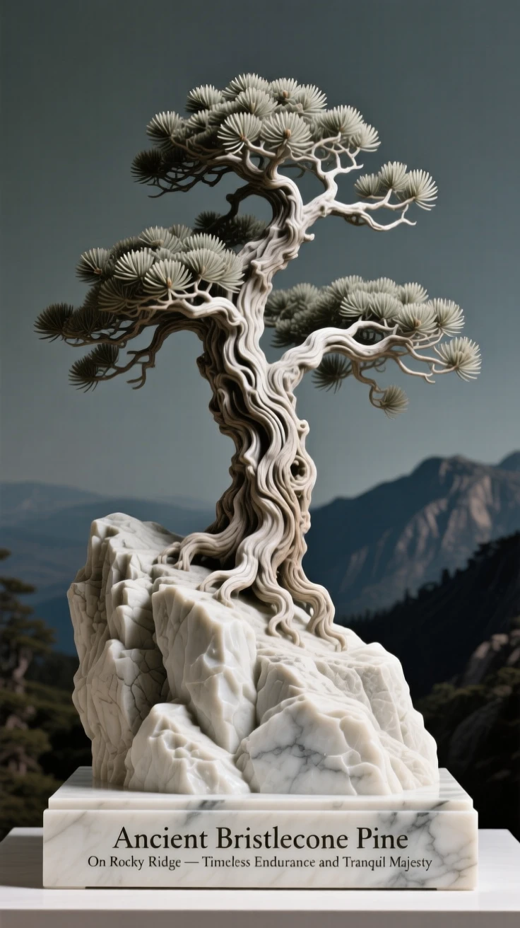 A breathtaking view of an ancient bristlecone pine on a rocky ridge, rich with color and atmosphere, evoking peace and wonder