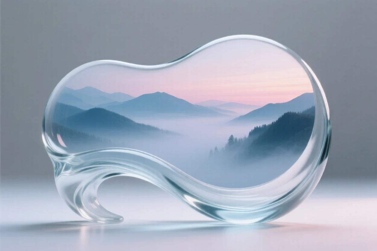 A misty mountain valley at dawn at the quiet hush of early morning, gentle mist rising, composition inviting stillness and reflection.