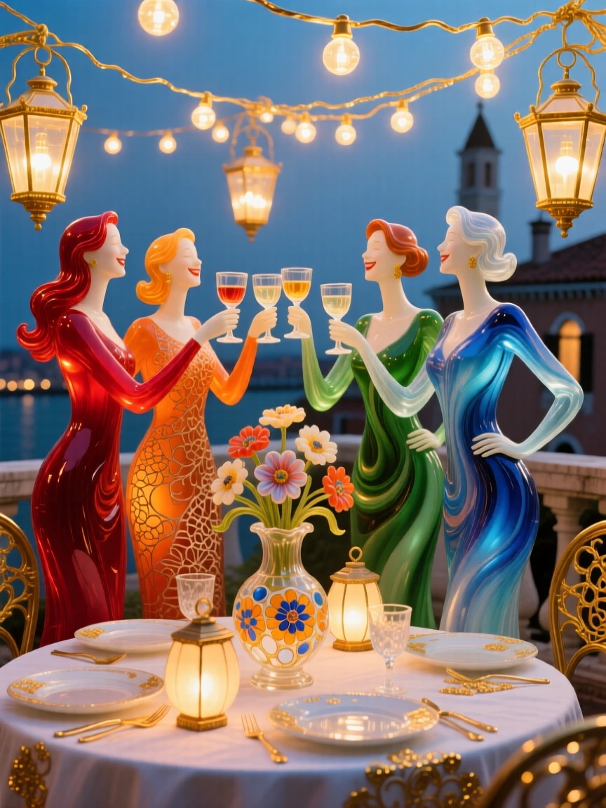 A group of friends toasting glasses at a rooftop dinner under string lights, joyful and celebratory.