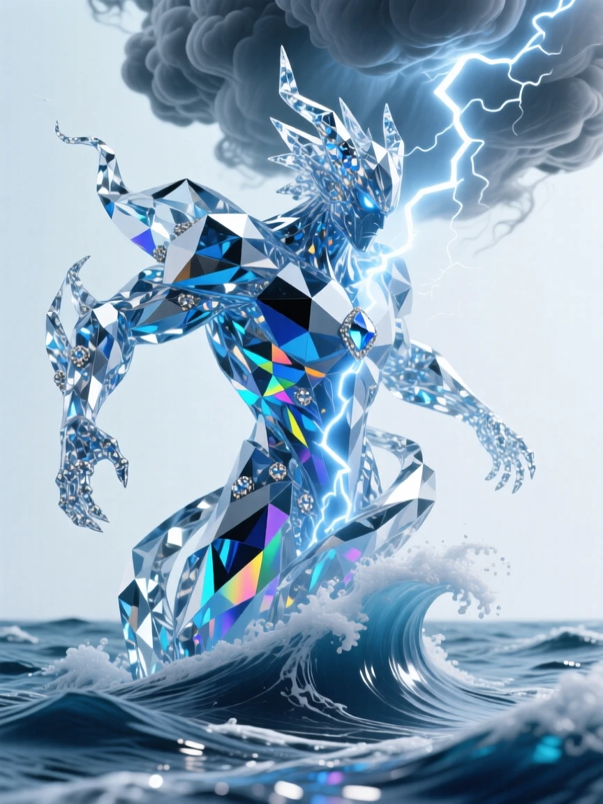A colossal storm elemental forming above a raging sea, lightning crackling within its form.