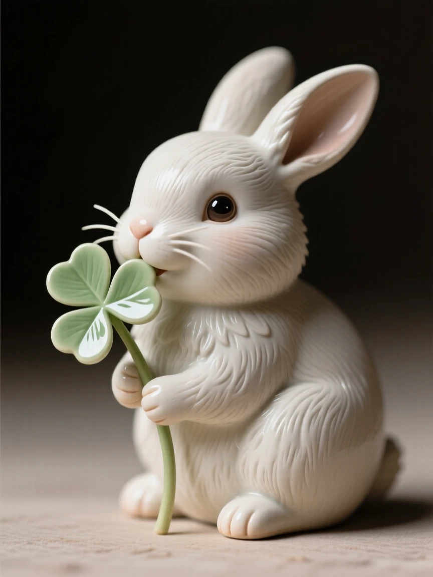 A fluffy baby bunny nibbling a clover leaf captured in an irresistibly endearing pose, its tiny features rendered with heartwarming charm, capturing a moment of pure childlike delight.