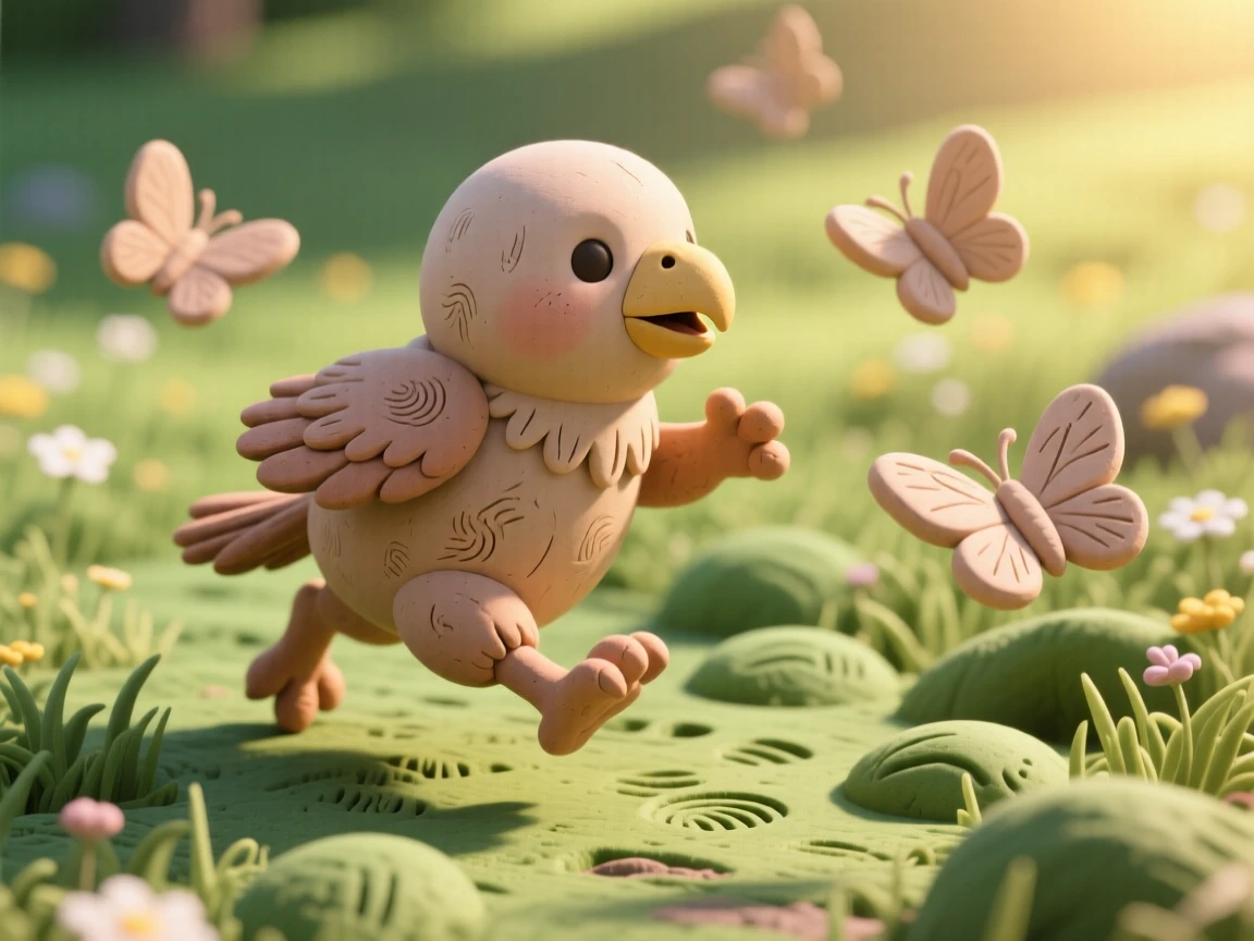 A baby griffin chasing butterflies across a sunlit meadow
