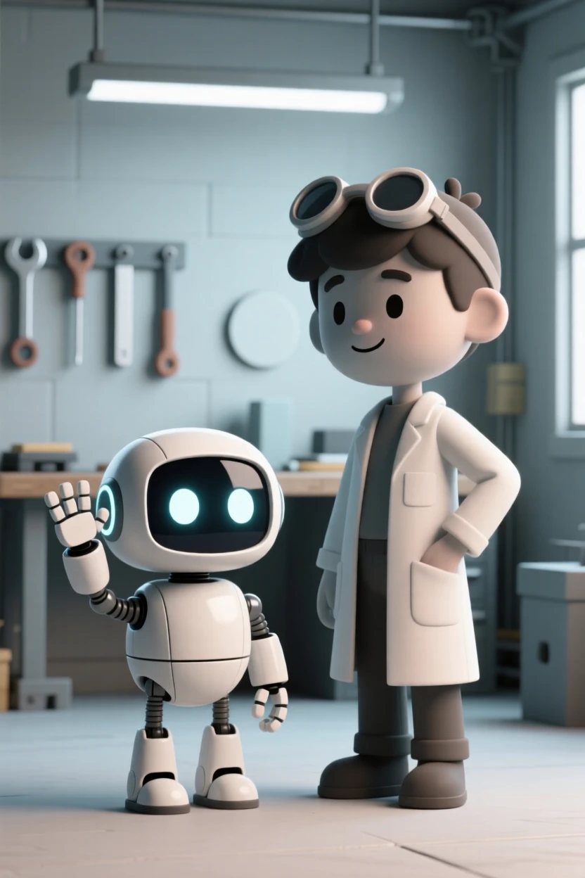 A tiny robot companion with big blinking eyes waves happily beside a young inventor in a garage workshop.
