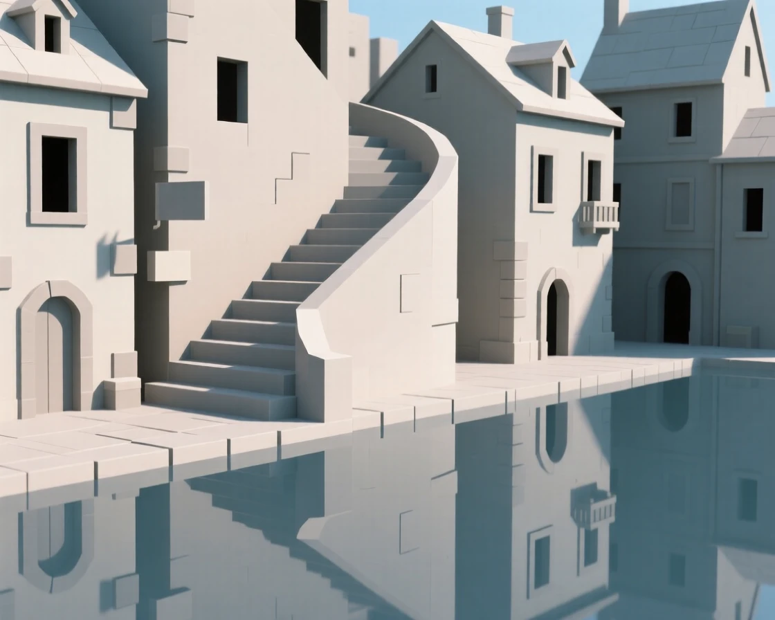A grand staircase winding through a historic old town, reflected perfectly in calm water. the framing draws the eye along a natural leading line. The atmosphere is peaceful and inviting.