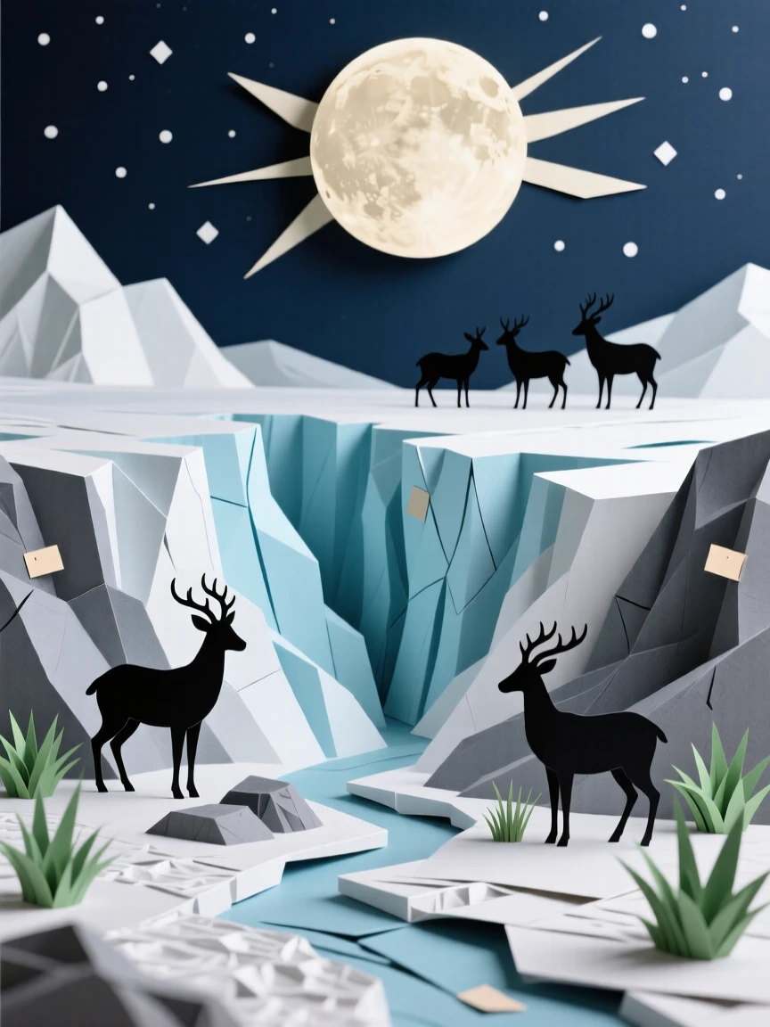 A glacier valley carved by ancient ice under a glowing full moon, with a distant silhouette of grazing wildlife, capturing raw natural grandeur and scale.