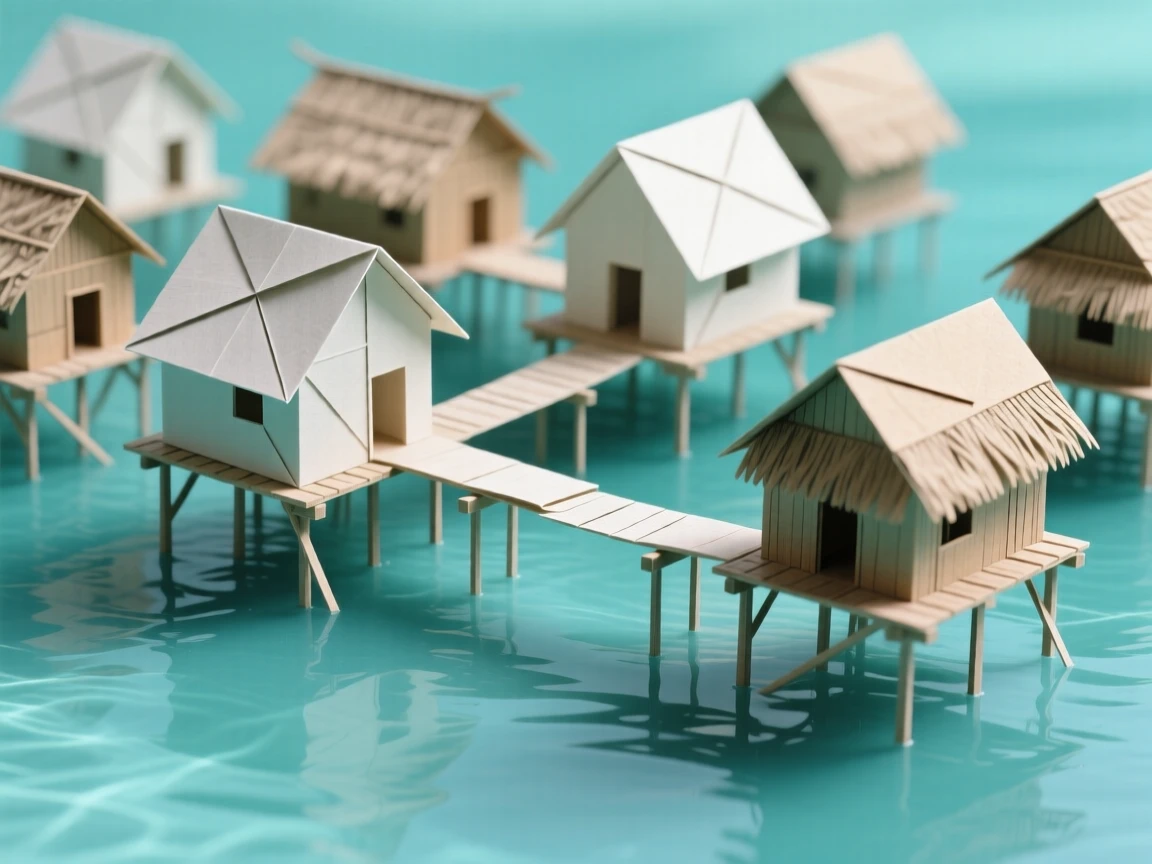 A traditional stilt house village built over calm turquoise lagoon waters.