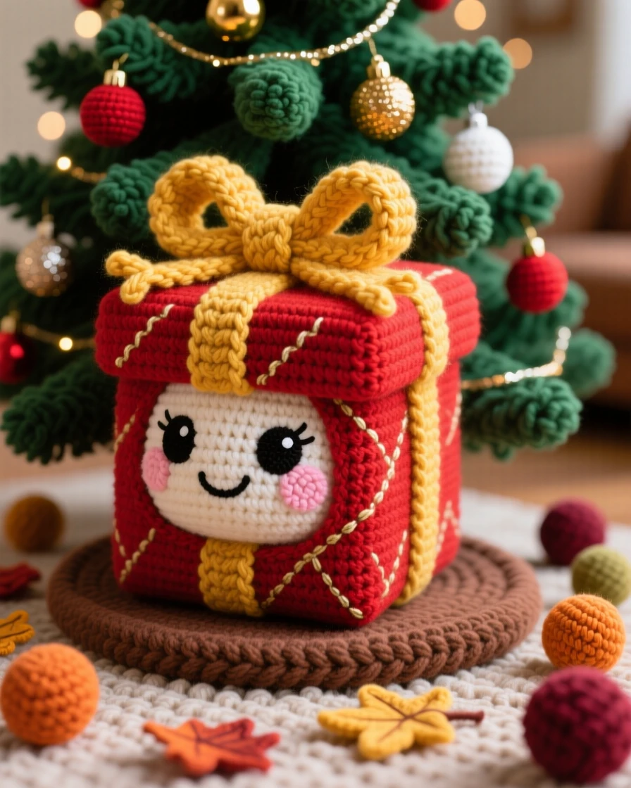 A festive scene of a jolly gift-wrapped present character with a bow tied on top, peeking out from under a decorated tree within a cozy living room decorated for the holidays; a scattering of fallen leaves or petals nearby, radiating festive excitement and shared celebration.