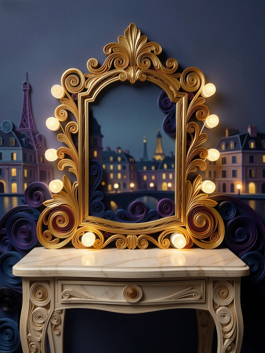 A sophisticated luxury scene of a gold-trimmed vanity mirror surrounded by soft lights in a chic Parisian apartment, with soft city lights glowing in the background, composed with dramatic, moody lighting.