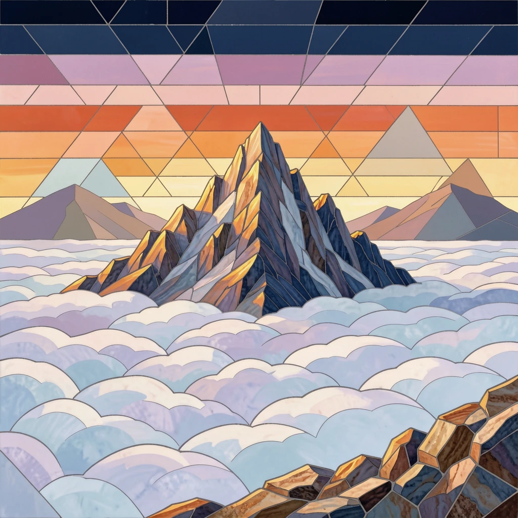 A dramatic mountain summit above a sea of clouds at first light.