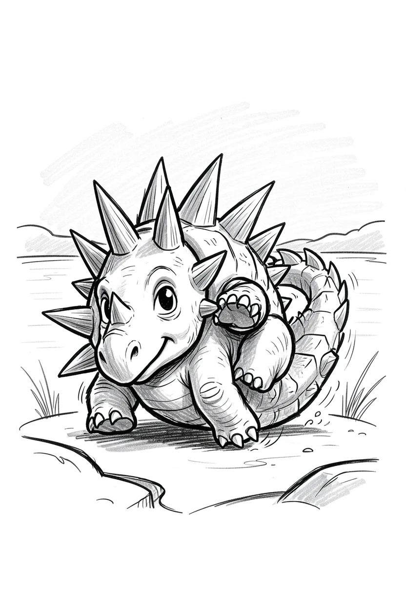A spiky ankylosaurus rolling into a ball beside a lake at dusk.