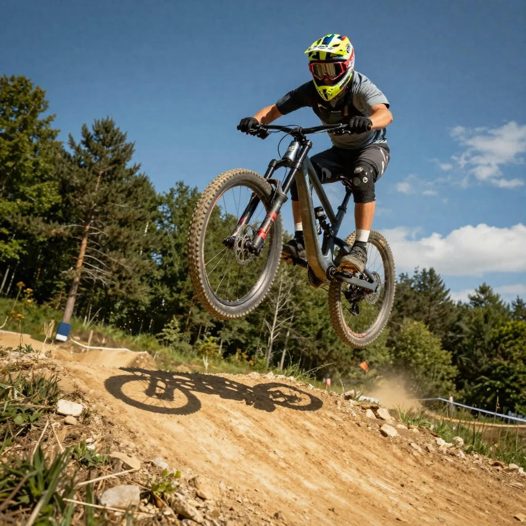 A mountain bike rider catching air over a dirt jump