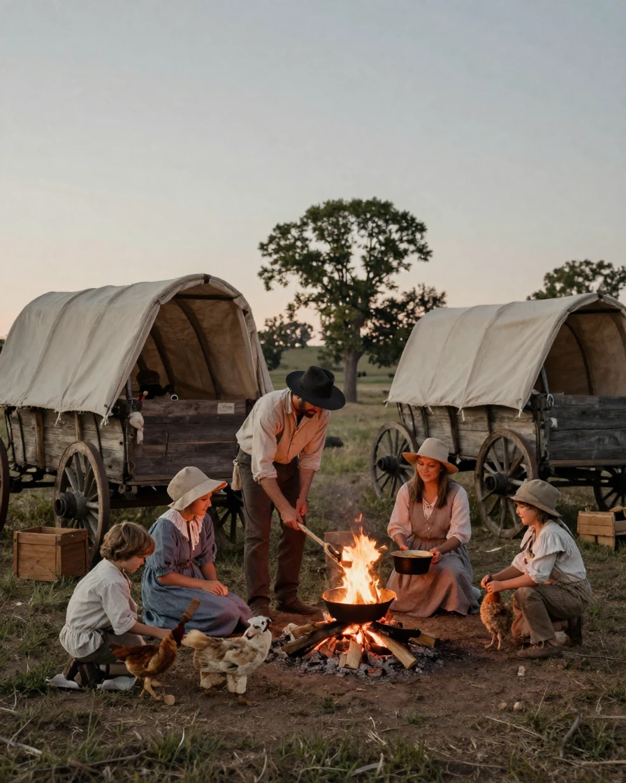 A pioneer family reenacts a wagon train camp beside covered wagons at dusk.