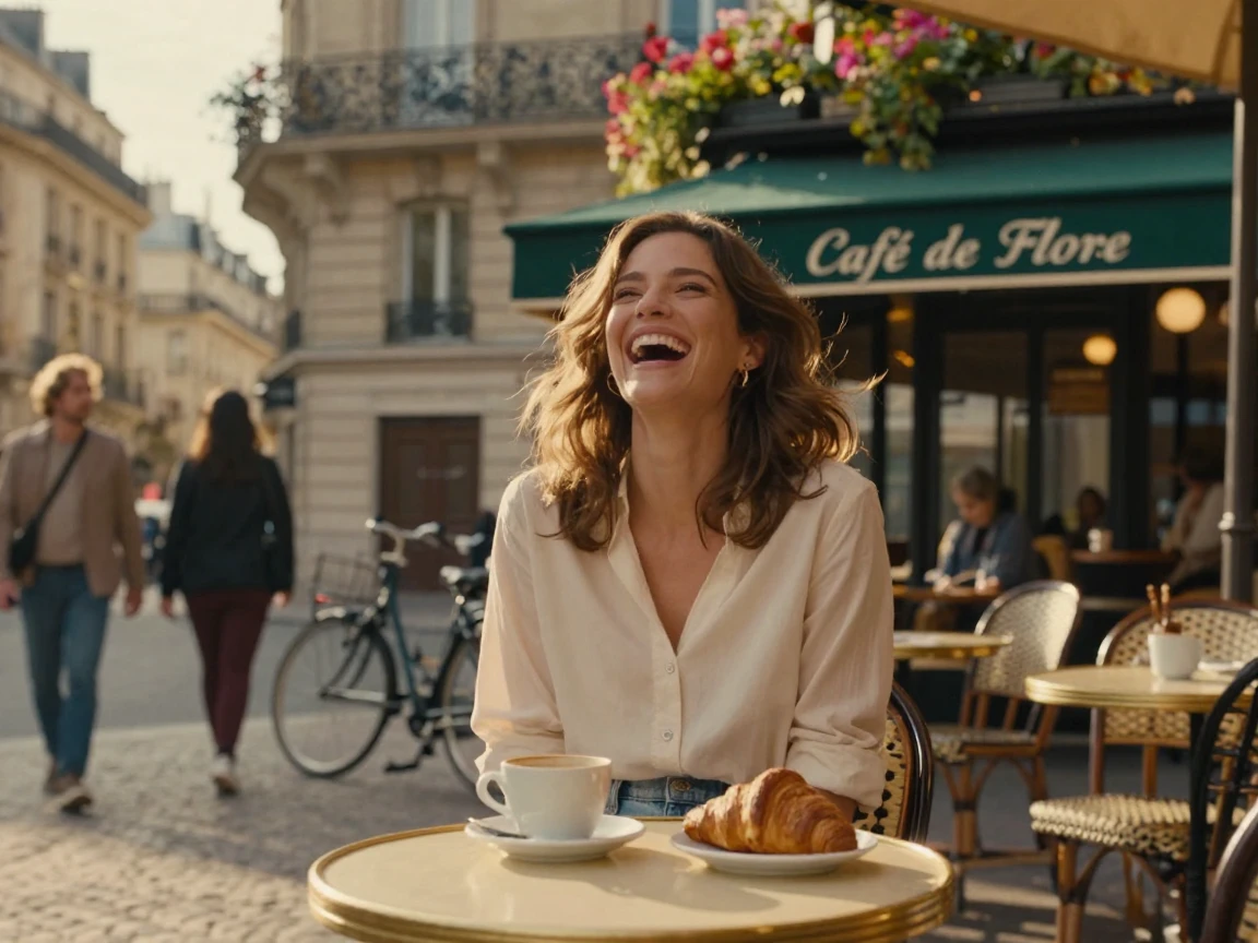 A woman laughing with her head thrown back at an outdoor cafe table in Paris