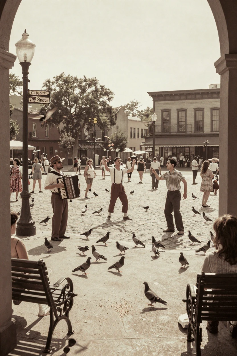 A bustling city square filled with pigeons and street performers, under harsh midday sun, as heat shimmers over the ground, during the long days of summer, with a soft sepia-tinted glow, viewed from across the room.