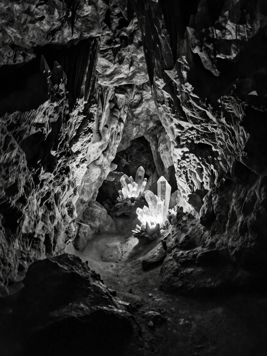 A hidden cave reveals glowing crystal formations within an underground cavern.