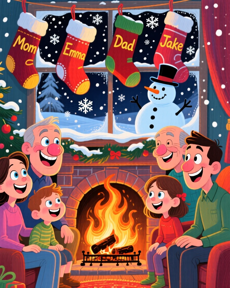 A family gathered around a fireplace on a snowy Christmas Eve, stockings hung with care.