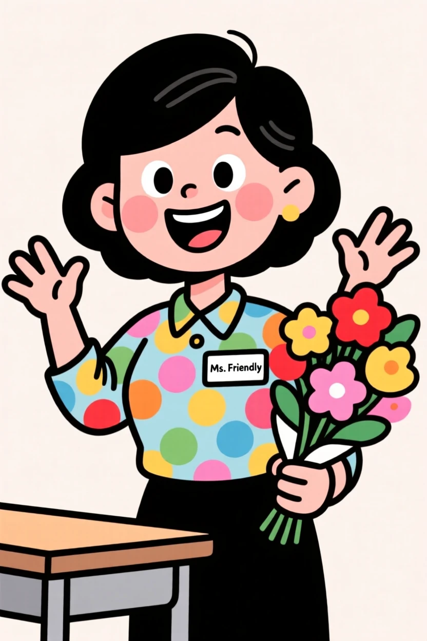 A charming portrait of a kind-hearted teacher, gesturing dramatically with both hands raised, with a colorful bouquet of flowers nearby.