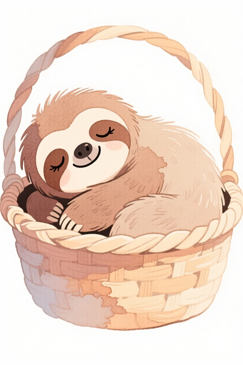 A sloth curled up asleep in a cozy basket