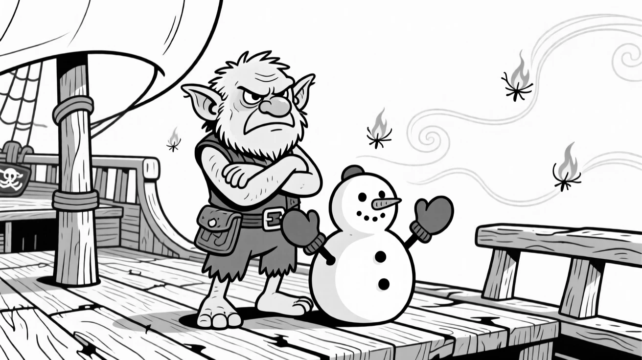 A grumpy troll guarding a bridge with folded arms, patting the snowman proudly with oversized mittens, set aboard a creaky wooden pirate ship. Fireflies swirl in lazy spirals nearby. The scene turns epic fantasy into pure charming comedy.