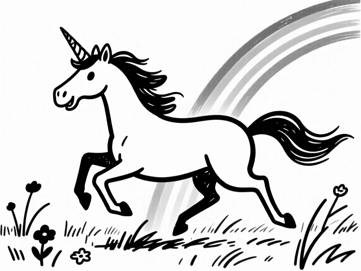 A unicorn galloping through a magical meadow bathed in rainbow light.