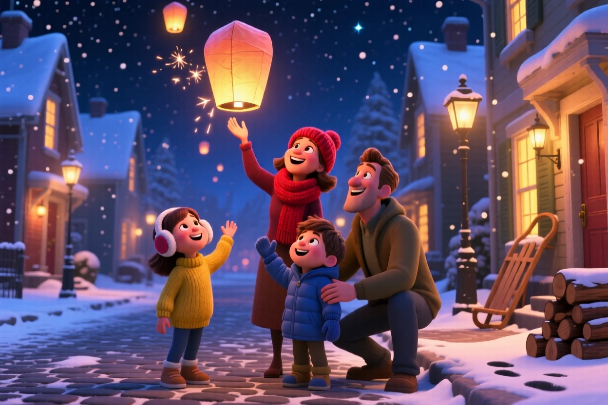 A family setting off paper lanterns into the night sky happens on a snowy street lined with glowing windows, with soft snow drifting gently down. A bright, merry energy fills the entire scene.