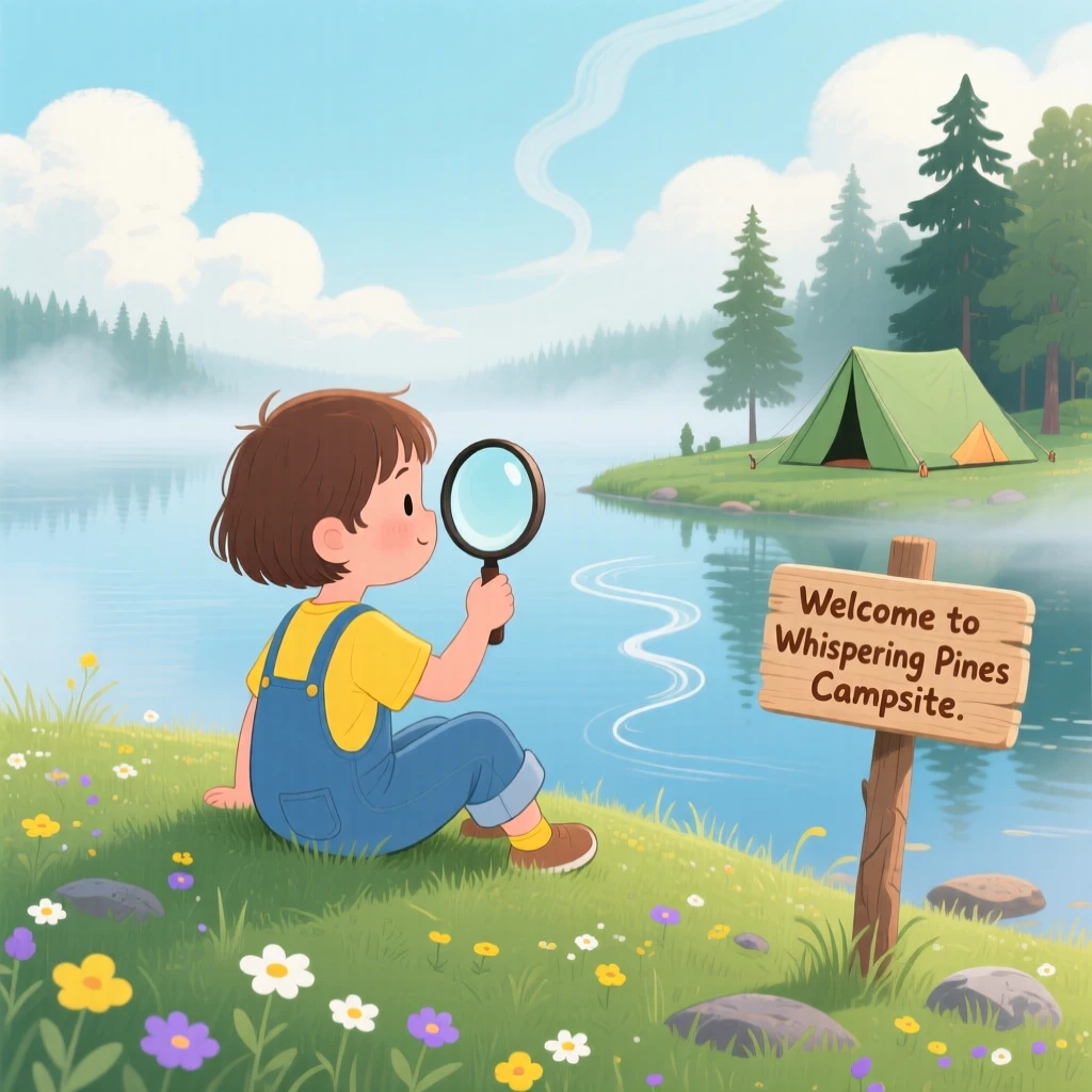 A child with a magnifying glass pauses while watching clouds drift by from a hilltop meadow in a quiet lakeside campsite, while a gentle mist rises from the water.