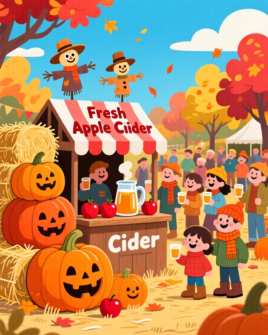 A harvest festival with pumpkins, hay bales, and apple cider.